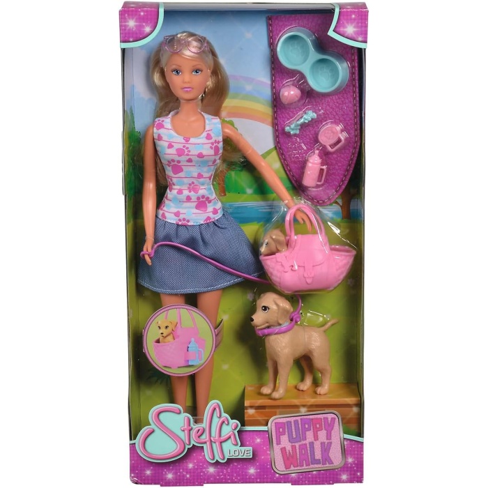 , 105733310, Steffi Love Köpek Yürüyüşü Oyuncak Bebek Set, 29 cm, Köpek ve Taşıma Çantalı, Steffi Love Puppy Walk