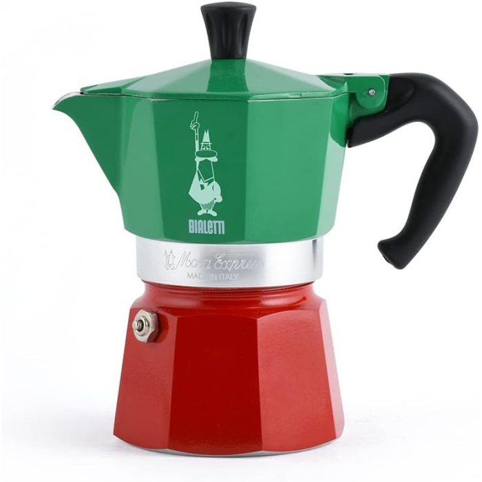 - Moka Express I: 3 Cups Ocak Üstü Espresso Pişirici - 130ml - Karma Renk - Alüminyum Gövde - Patentli Güvenlik Valfi - Tüm Ocak Türleri İçin Uygundur (İndüksiyon Hariç)