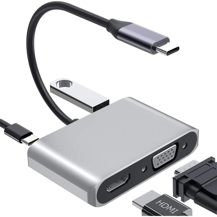 Type-C Hdmi Vga Usb 3.0 Type 4in1 Video Dönüştürücü Veri Aktarıcı Usb Adaptör book ve Macbook ile Uyumlu Gri TC-26