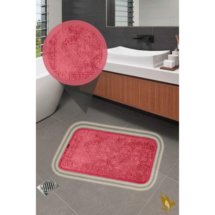 Kaymaz Tabanlı Ayak İzli Banyo Paspası Halısı 60x40 cm Pembe