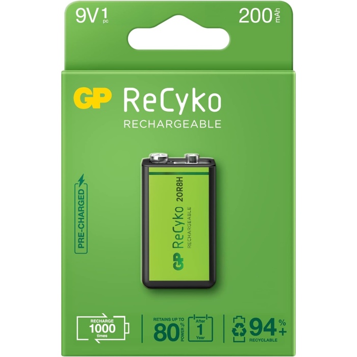 Batteries Recyko+ 200 9V Boy Ni-Mh Şarjlı Pil, 8.4 Volt, Tekli Kart