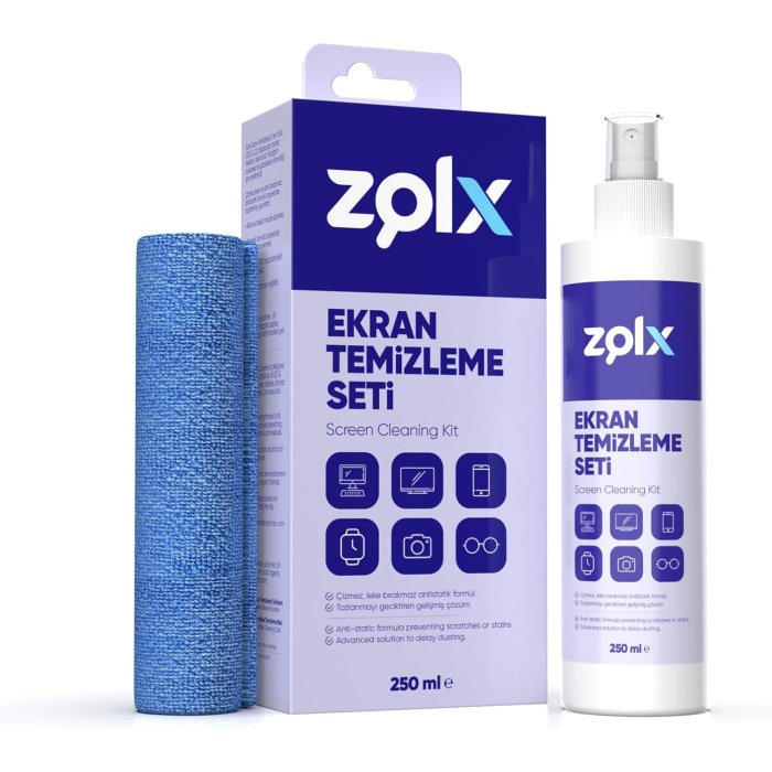 Zolx Ekran Temizleme Seti 250ML + Temizleme Bezi Lcd, Led, Ekran, Laptop, Tablet, Bilgisayar, Televizyon, Cep Telefonu, Gözlük, Kamera, Koruyucu Ve Parlatıcı Doğal Temizleme