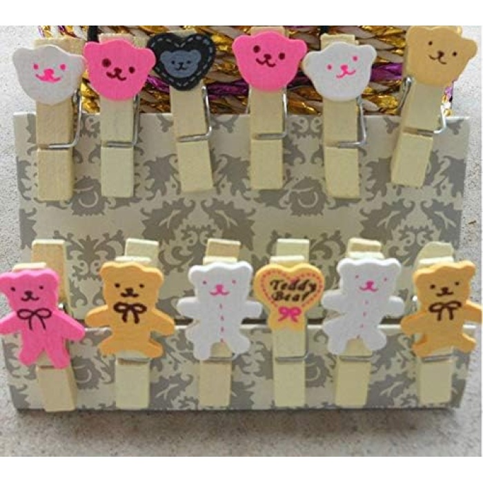 Renkli Teddy Bear Ayıcık Desenli Minik Ahşap İpli Mandal 10 lu Set Fotograf Askısı