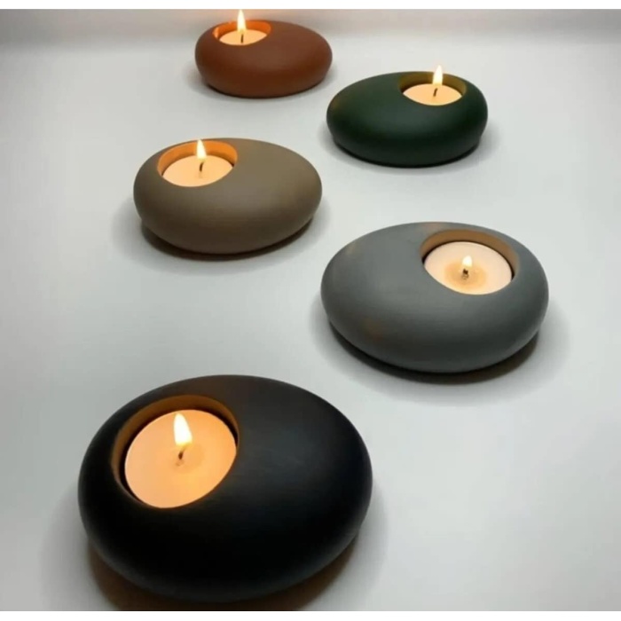 04%100 Beton El Yapımı Dekoratif Oval 5’li Beton Tealight Mumluk Seti,  Tonları, 8.5x6cm