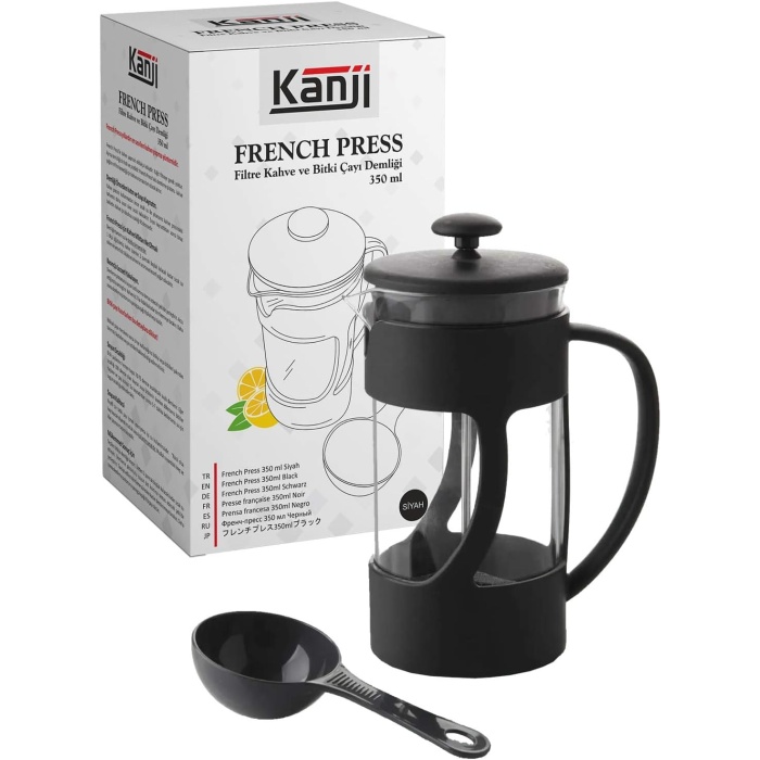 Kanji 350 ml Cam French Press Ölçü Kaşığı Hediyeli - Siyah