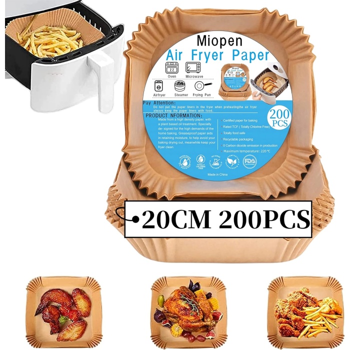 Sıcak hava fritözleri için fırın kağıdı, 100 adet Airfryer pişirme kağıdı, yapışmaz, yağa dayanıklı, suya dayanıklı hava fritözü, tek kullanımlık parşömen kağıdı (20 X 4.5 cm 200Pcs)