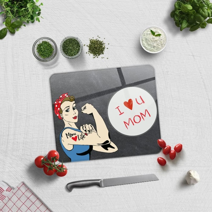 Cam Kesme Tahtası - Cam Kesme Tablası | I Love U Mom | Kara Tahta Görünümlü | 29cm x 34cm