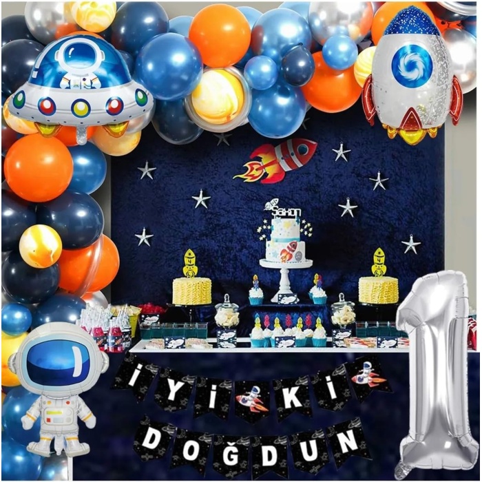 Bkmc Uzay Temalı Doğum Günü Seti 1 Yaş; 4 Adet Folyo, 50 Lateks Balon, Banner, Balon Zinciri, Balon Bandı 1 bmcNM316