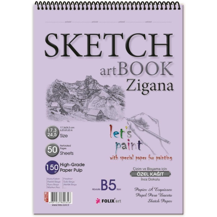 Sketchbook Zigana B5 Spiralli 150 gr. 17,3x24,5 cm 50 yp. Eskiz Defteri