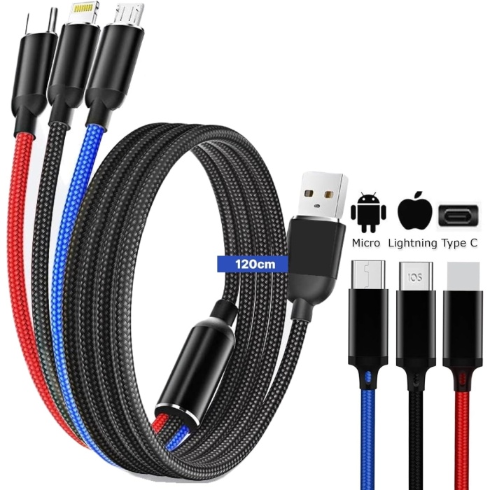 RVK Hızlı Şarj ve Data Aktarım Kablosu 120cm 60W USB-A USB-C Micro USB Lightning Uyumlu Hızlı Şarj Kablosu 3 ü 1 Arada Çoklu Kablo