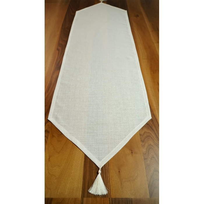 Simli Keten Runner Püsküllü, Kırık Beyaz, 45x150cm