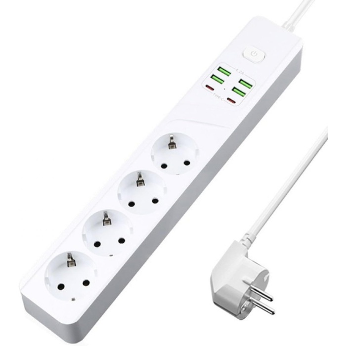 H-02 Termal Akım Korumalı 3000 W 10 Amper 4 lü Priz 2 Metre Uzatma Kablosu Çoklu Priz 4 Usb 2 Type C Girişli