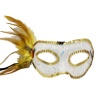 Altın Renk Yandan Tüylü Pul Payet İşlemeli Parti Maskesi 23x12 cm (CLZ)