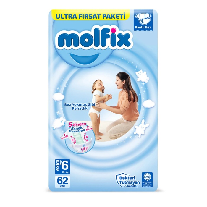 Molfix Bebek Bezi Ultra Fırsat Paketi 6 Beden 15+ Kg 62 Adet