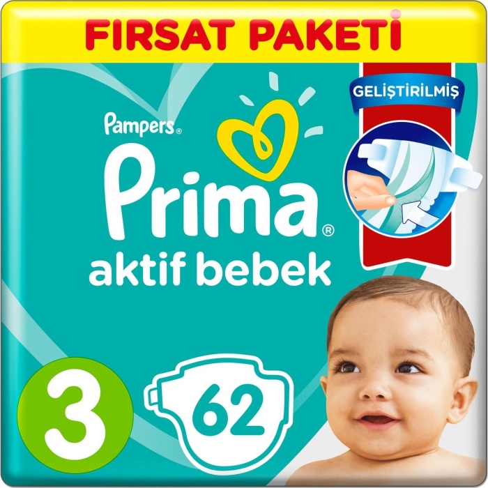 Prima Bebek Bezi Aktif Bebek Eko Paket 3 Beden 62 Adet