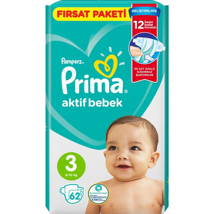 Prima Bebek Bezi Aktif Bebek Eko Paket 3 Beden 62 Adet