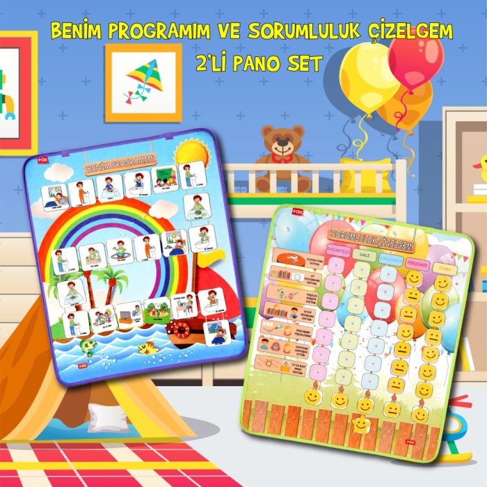 CLZ247 2 Set - 46 Parça  Benim Programım ve Sorumluluk Çizelgem Keçe Cırtlı Duvar Panoları , Eğitici Oyuncak