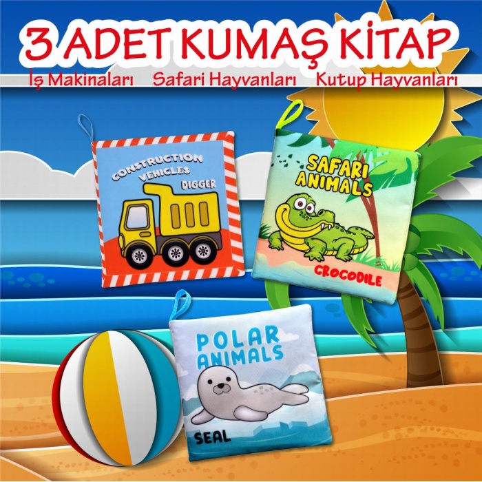 CLZ247 3 Kitap  İngilizce İş Makinaları , Safari ve Kutup Hayvanları Kumaş Sessiz Kitap