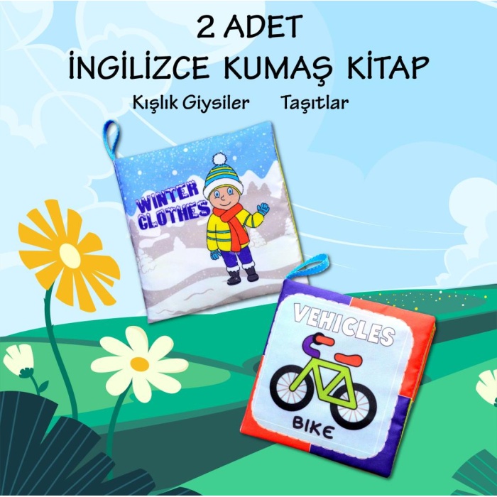 CLZ247 2 Kitap  İngilizce Kışlık Giysiler ve Taşıtlar Kumaş Sessiz Kitap