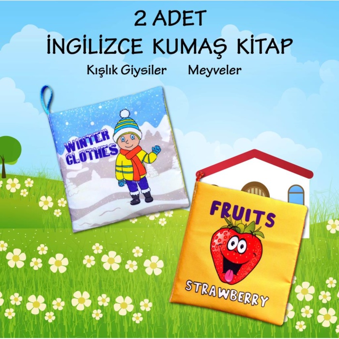 CLZ247 2 Kitap  İngilizce Kışlık Giysiler ve Meyveler Kumaş Sessiz Kitap