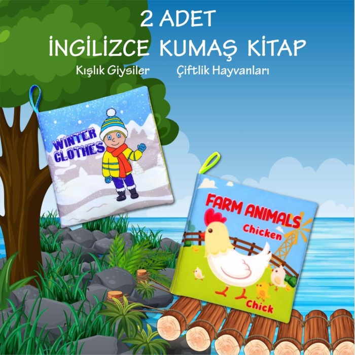 CLZ247 2 Kitap  İngilizce Kışlık Giysiler ve Çiftlik Hayvanları Kumaş Sessiz Kitap