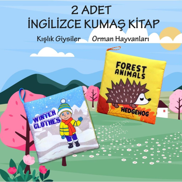 CLZ247 2 Kitap  İngilizce Kışlık Giysiler ve Orman Hayvanları Kumaş Sessiz Kitap