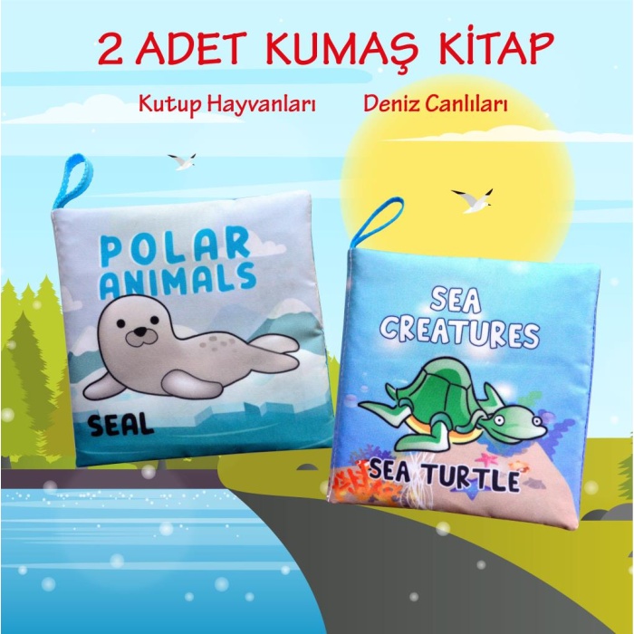 CLZ247 2 Kitap  İngilizce Kutup Hayvanları ve Deniz Canlıları Kumaş Sessiz Kitap