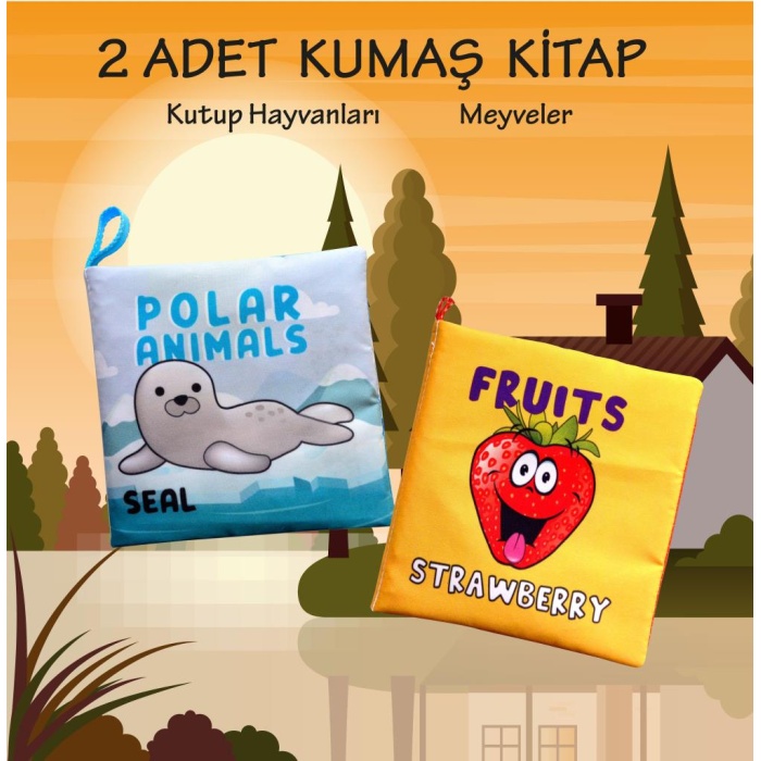 CLZ247 2 Kitap  İngilizce Kutup Hayvanları ve Meyveler Kumaş Sessiz Kitap