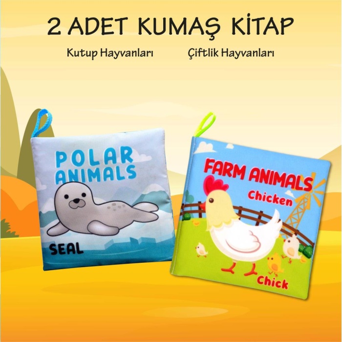 CLZ247 2 Kitap  İngilizce Kutup Hayvanları ve Çiftlik Hayvanları Kumaş Sessiz Kitap