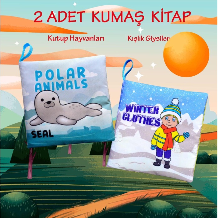 CLZ247 2 Kitap  İngilizce Kutup Hayvanları ve Kışlık Giysiler Kumaş Sessiz Kitap