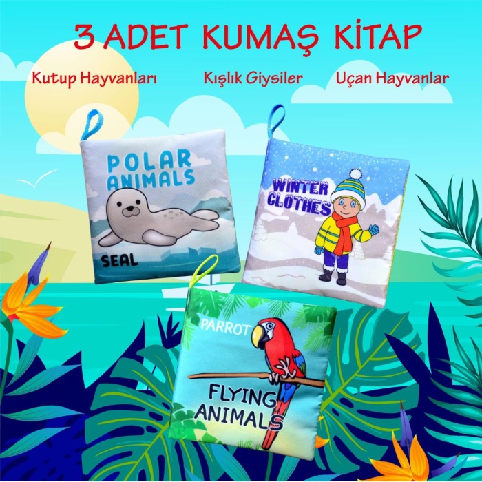 CLZ247 3 Kitap  İngilizce Kutup Hayvanları , Uçan Hayvanlar ve Kışlık Giysiler Kumaş Sessiz Kitap