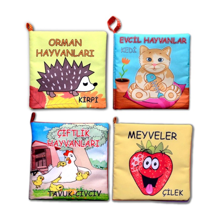 CLZ247 4 Kitap  Meyveler , Çiftlik , Orman ve Evcil Hayvanlar Kumaş Sessiz Kitap