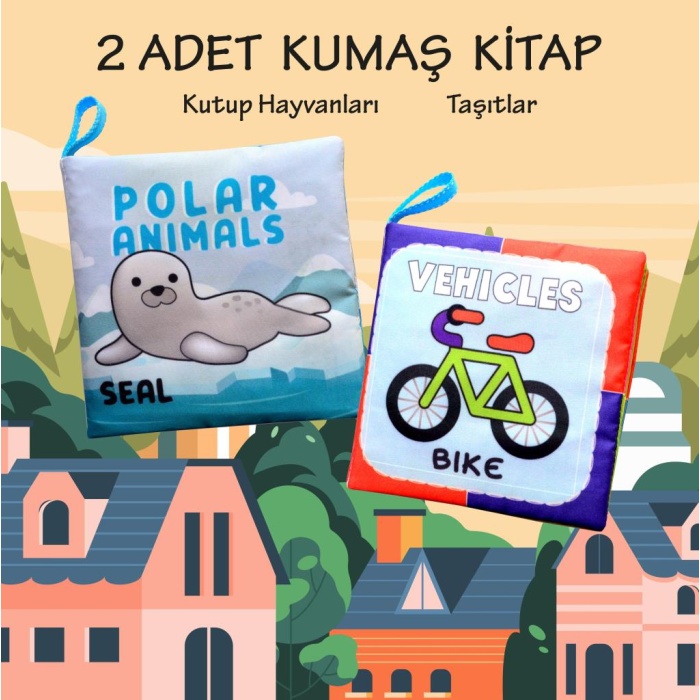 CLZ247 2 Kitap  İngilizce Kutup Hayvanları ve Taşıtlar Kumaş Sessiz Kitap