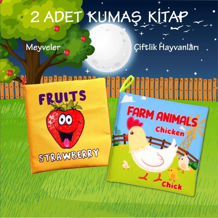 CLZ247 2 Kitap  İngilizce Meyveler ve Çiftlik Hayvanları Kumaş Sessiz Kitap