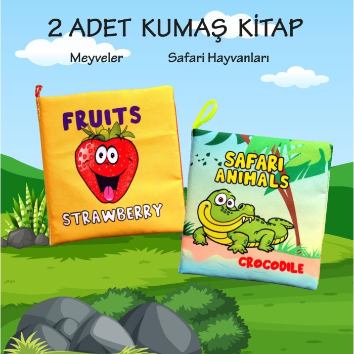 CLZ247 2 Kitap  İngilizce Meyveler ve Safari Hayvanları Kumaş Sessiz Kitap