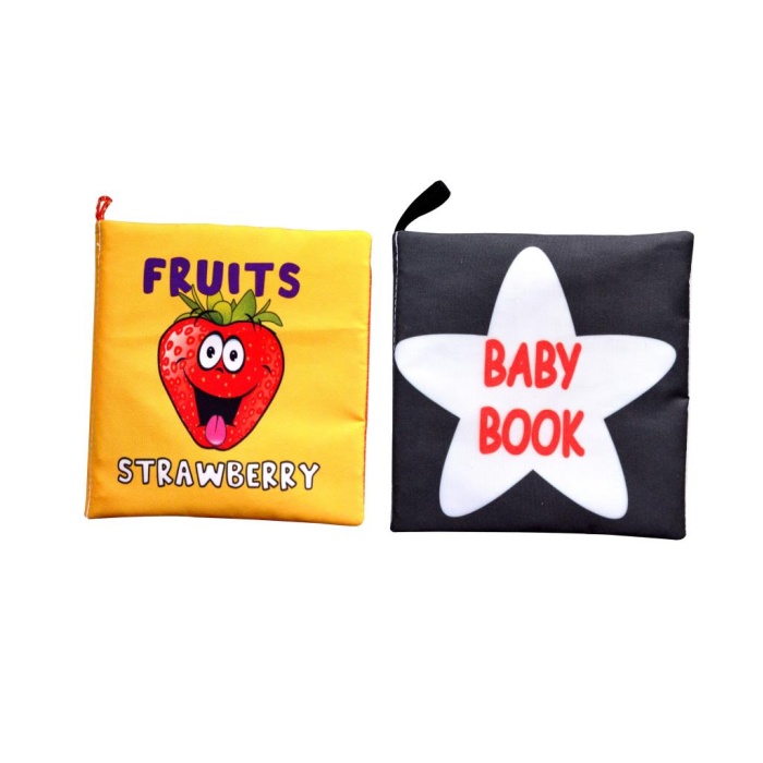 CLZ247 2 Kitap  İngilizce Meyveler ve Siyah - Beyaz Bebek Kumaş Sessiz Kitap