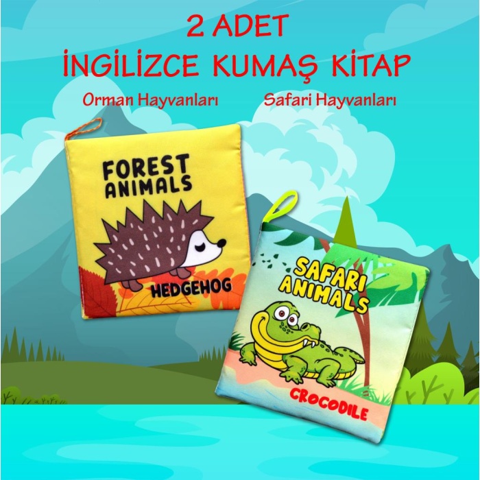 CLZ247 2 Kitap  İngilizce Orman Hayvanları ve Safari Hayvanları Kumaş Sessiz Kitap