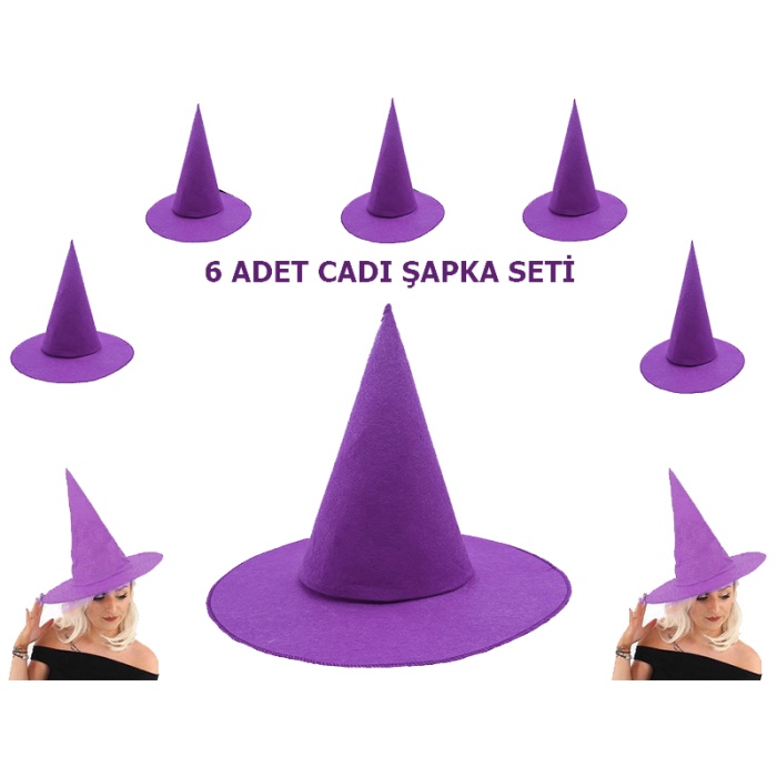 Mor Renk Keçe Cadı Şapkası Yetişkin Çocuk Uyumlu 6 Adet (CLZ)