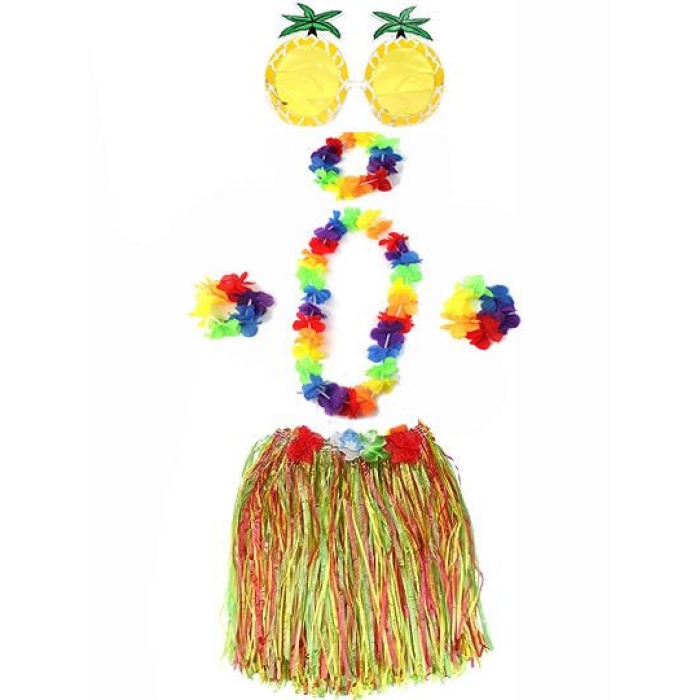 Yetişkin ve Çocuk Uyumlu Luau Aloha Hawaii Rengarenk 40 cm Etek Ananas Şekilli Gözlük Hawaii Kolye Renkli Taç ve 2 Adet Bileklik Seti