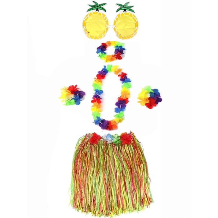 Yetişkin Ve Çocuk Uyumlu Luau Aloha Hawaii Rengarenk 40 Cm Etek Ananas Şekilli Gözlük Hawaii Kolye Renkli Taç Ve 2 Adet Bileklik Seti