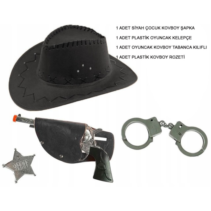 Çocuk Boy Siyah Kovboy Şapka Tabanca Rozet ve Kelepçe Seti 4 Parça (CLZ)