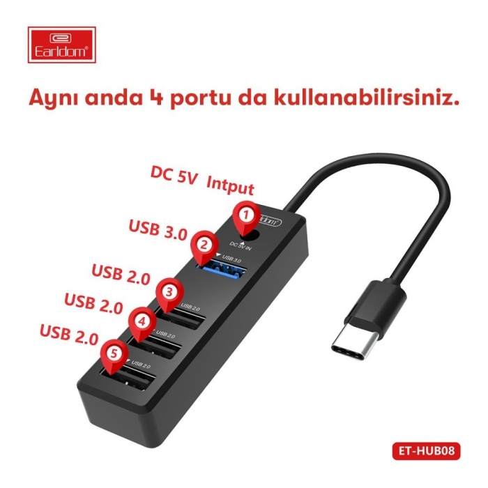 CLZ942 Earldom Hub08 Tak Çalıştır 3 Adet Usb 2.0 Ve 1 Adet Usb 3.0 Çıkışlı Usb Çoklayıcı - Ürün Rengi : Siyah