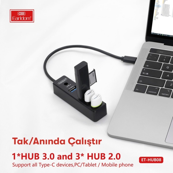 CLZ942 Earldom Hub08 Tak Çalıştır 3 Adet Usb 2.0 Ve 1 Adet Usb 3.0 Çıkışlı Usb Çoklayıcı - Ürün Rengi : Siyah