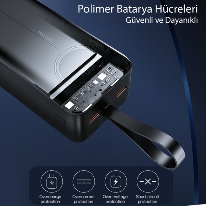 CLZ942 Yesido Yp44 50.000 Mah Dijital Göstergeli Usb3.0 Pd Hızlı Şarj Powerbank - Ürün Rengi : Siyah