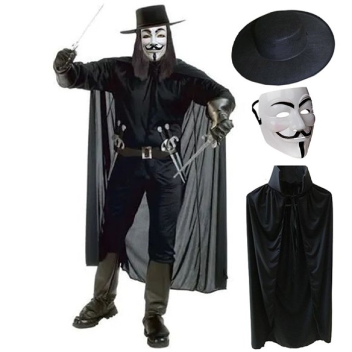 CLZ192 V For Vendetta Maskesi Şapkası ve Pelerin Kostüm Seti Yetişkin Boy (4172)