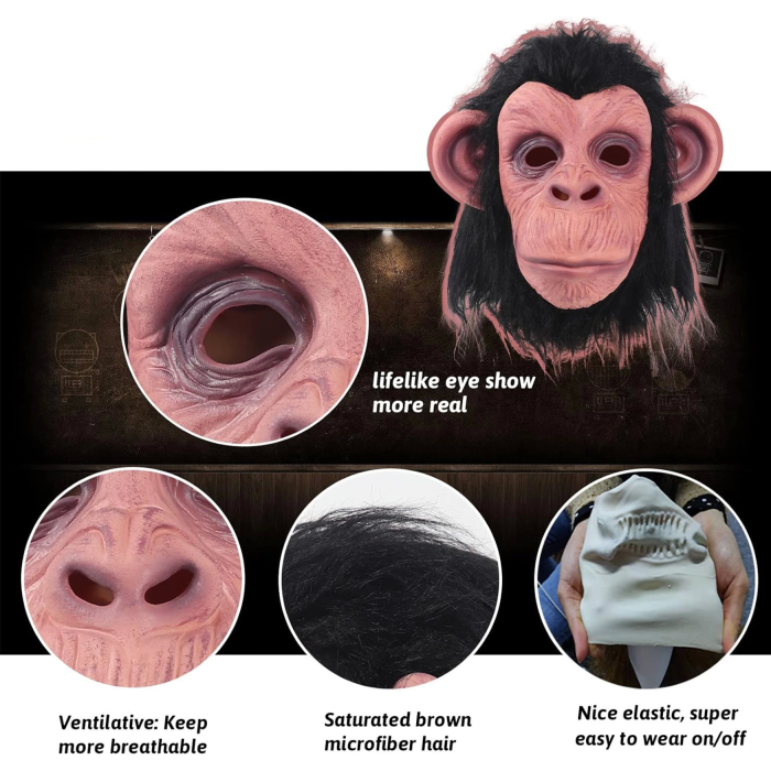 Siyah Saçlı Kafaya Tam Geçmeli Lateks Şempanze Maskesi - Lateks Maymun Orangutan Goril Maske Et Maske