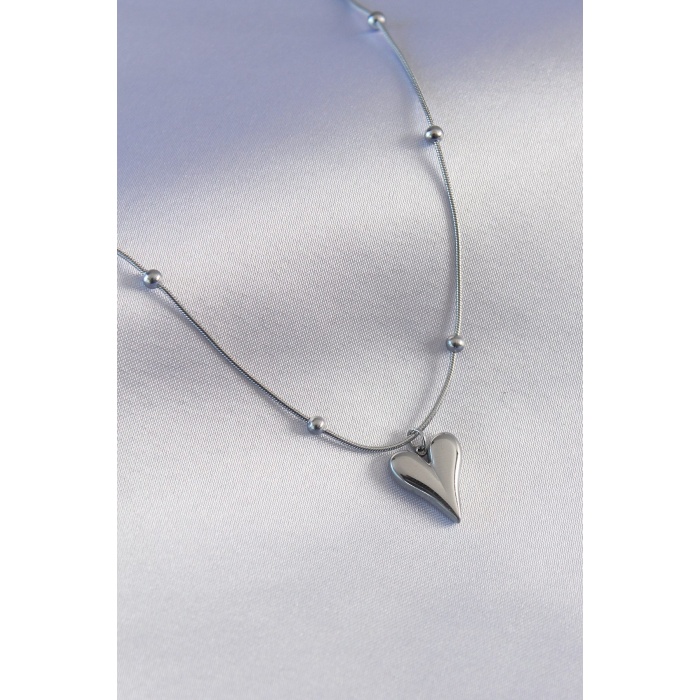 CLZ943  316L Çelik Gümüş Renk Kalp Figür Minimal Top Detay Kadın Kolye