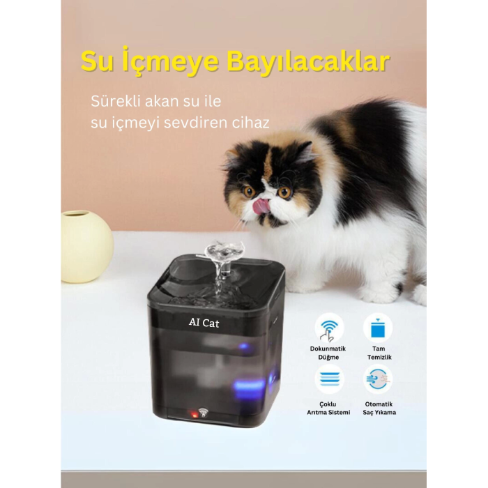 Akıllı Kedi Köpek Su Şelalesi Su Pınarı Su Sebili - Wifi Destekli - Uv - 2.2 Lt Otomatik Su Kabı