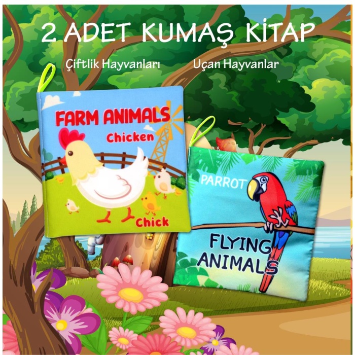 2 Kitap  İngilizce Çiftlik Hayvanları ve Uçan Hayvanlar Kumaş Sessiz Kitap