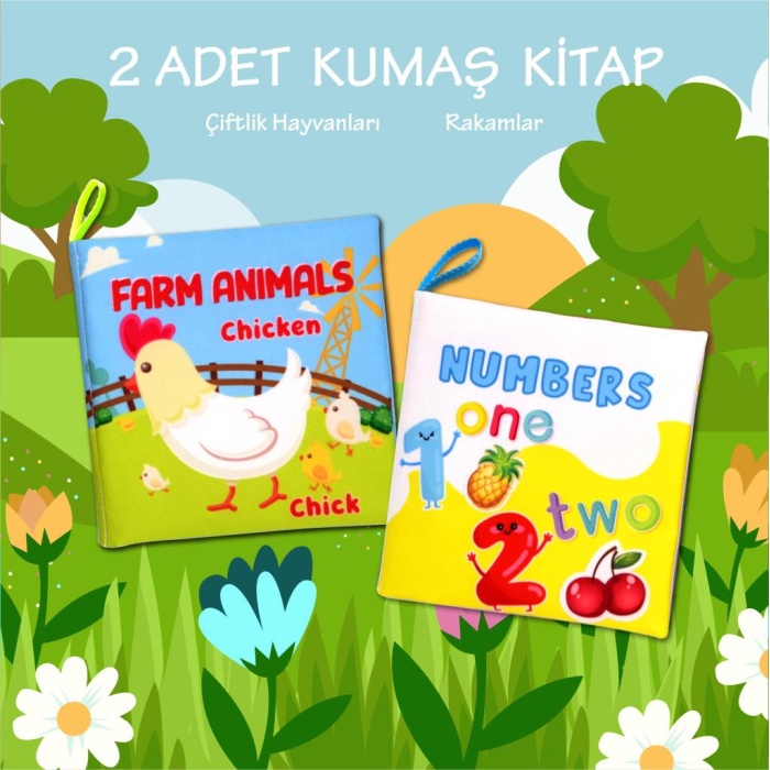 2 Kitap  İngilizce Çiftlik Hayvanları ve Rakamlar Kumaş Sessiz Kitap